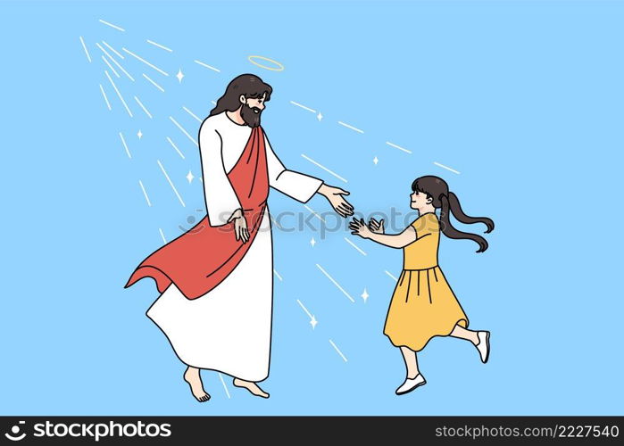 Loving Jesus stretch hand meet smiling small girl child show care. Father Christ with little kid demonstrate support. Faith and religion concept. Christianity believer. Flat vector illustration. . Loving Jesus meet smiling small girl child 