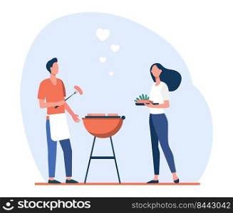 Loving man and woman doing backyard barbecue. Love, rest. Flat vector illustration. Food concept can be used for presentations, banner, website design, landing web page