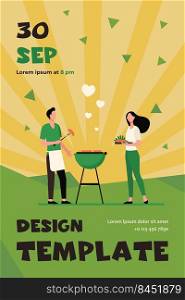Loving man and woman doing backyard barbecue. Love, rest. Flat vector illustration. Food concept can be used for presentations, banner, website design, landing web page
