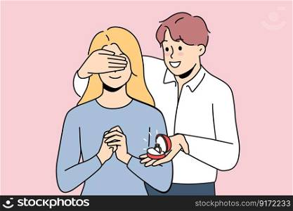 Loving man close excited woman eyes make marriage proposal. Smiling guy surprise girl with engagement ring. Weeding and relationship. Vector illustration. . Loving man make marriage proposal with ring 