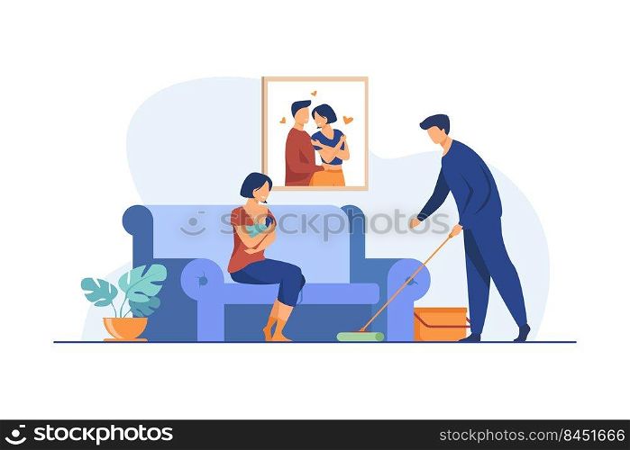 Loving man helping with house routine when woman feeding baby. Breast, family, newborn flat vector illustration. Motherhood and lactation concept for banner, website design or landing web page