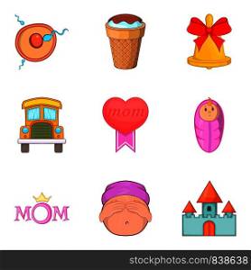 Loving mom icons set. Cartoon set of 9 loving mom vector icons for web isolated on white background. Loving mom icons set, cartoon style