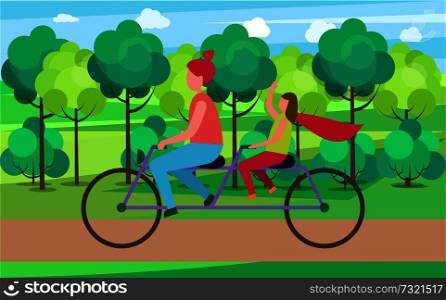 Loving mother and teenage daughter on tandem bicycle in peaceful park vector illustration. Cartoon style female cyclists enjoying ride on sunny day. Mother and Daughter on Tandem in Park Illustration