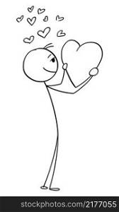 Loving person thinking on love and holding big heart, vector cartoon stick figure or character illustration.. Loving Person Holding Big Heart and Thinking on Love , Vector Cartoon Stick Figure Illustration