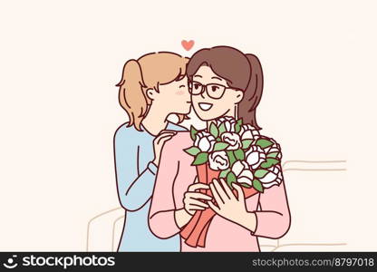 Loving teenage girl gives flowers to mom on eve of eighth of March or mother day. Child kisses woman on cheek after presenting bouquet to babysitter for good job. Flat vector illustration. Loving teenage girl gives flowers to mom on eve of eighth of March or mother day. Vector image