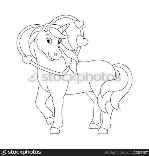Loving unicorn. Coloring book page for kids. Valentine’s Day. Cartoon style character. Vector illustration isolated on white background.