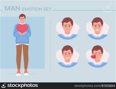 Loving young man semi flat color character emotions set. Editable facial expressions. Affection vector style illustration for motion graphic design and animation. Comfortaa font used. Loving young man semi flat color character emotions set