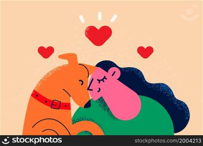 Loving young woman hug dog show care and attention to animals. Happy girl adopt puppy from shelter, have pet friend in family. Domestic creature lover. Vector illustration, cartoon character. . Happy woman hug dog show love and care