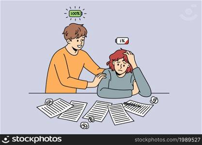 Low and full energy people concept. Young smiling man with full energy battery standing supporting tired stressed low energy woman sitting at table vector illustration . Low and full energy people concept