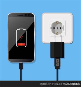 Low battery. Vector illustration. Smartphone and charger adapter. . Smartphone and charger adapter. Low battery. Vector illustration