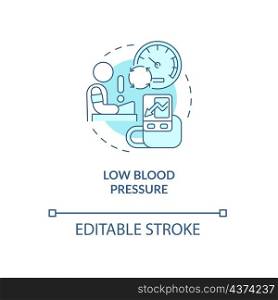 Low blood pressure turquoise concept icon. Heart problems. Hypotension abstract idea thin line illustration. Isolated outline drawing. Editable stroke. Roboto-Medium, Myriad Pro-Bold fonts used. Low blood pressure turquoise concept icon