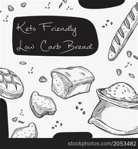 Low cards and keto friendly bread and baked goods. Healthy dieting and nutrition, eating food with organic elements. Promo banner, food advertisement. Monochrome sketch outline, vector in flat style. Keto friendly and low card bread and bakery vector