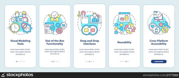 Low code platforms features onboarding mobile app screen. Web 3 0 walkthrough 5 steps graphic instructions pages with linear concepts. UI, UX, GUI template. Myriad Pro-Bold, Regular fonts used. Low code platforms features onboarding mobile app screens