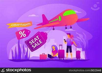 Low cost flights, budget air tickets, cheap fly tickets concept. Colorful vector isolated concept illustration with tiny people and floral organic elements. Hero image for website.. Low cost flights vector concept vector illustration.