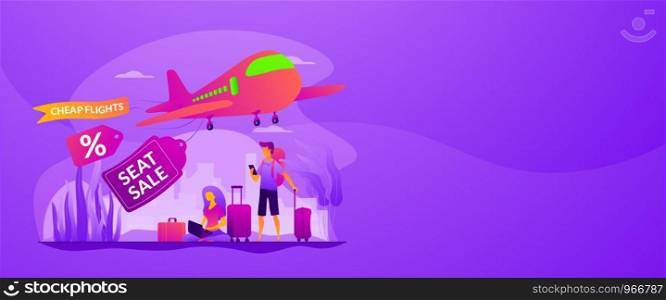 Low cost flights, budget air tickets, cheap fly tickets concept. Vector banner template for social media with text copy space and infographic concept illustration.. Low cost flights vector web banner concept.