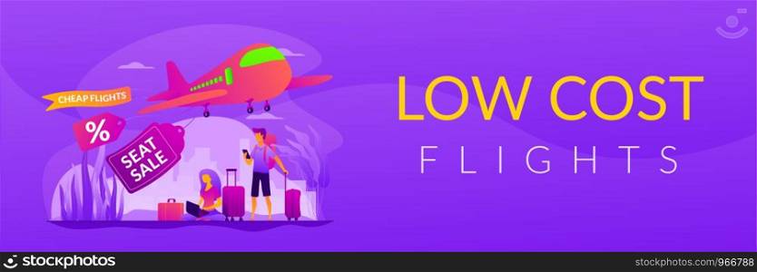 Low cost flights, budget air tickets, cheap fly tickets concept. Vector banner template for social media with text copy space and infographic concept illustration.. Low cost flights vector web banner concept.