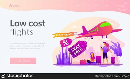 Low cost flights, budget air tickets, cheap fly tickets concept. Website interface UI template. Landing web page with infographic concept creative hero header image.. Low cost flights vector landing page template.