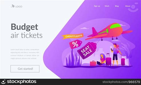 Low cost flights, budget air tickets, cheap fly tickets concept. Website interface UI template. Landing web page with infographic concept creative hero header image.. Low cost flights vector landing page template.