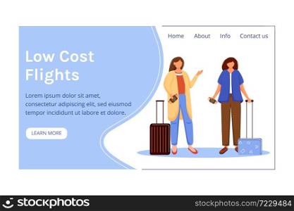 Low cost flights landing page vector template. Best travel deals website interface idea with flat illustrations. Budget tourism homepage layout. Cheap tickets web banner, webpage cartoon concept. Low cost flights landing page vector template