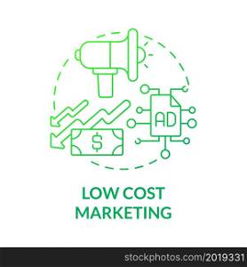 Low cost marketing green gradient concept icon. Online entrepreneurship benefit abstract idea thin line illustration. Business revenues and expenses. Vector isolated outline color drawing. Low cost marketing green gradient concept icon