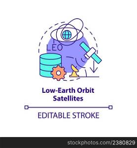 Low-earth orbit satellites concept icon. Telecommunication system. Spacetech trend abstract idea thin line illustration. Isolated outline drawing. Editable stroke. Arial, Myriad Pro-Bold fonts used. Low-earth orbit satellites concept icon