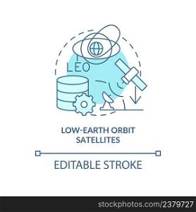 Low-earth orbit satellites turquoise concept icon. Wireless system. Spacetech trend abstract idea thin line illustration. Isolated outline drawing. Editable stroke. Arial, Myriad Pro-Bold fonts used. Low-earth orbit satellites turquoise concept icon