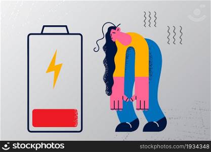Low energy and tiredness concept. Young sad depressed tired woman walking with hands down feeling totally exhausted with battery low vector illustration . Low energy and tiredness concept.