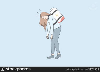 Low energy and tiredness concept. Young stressed tired woman standing with low battery as backpack on back feeling down vector illustration . Low energy and tiredness concept