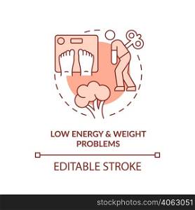 Low energy and weight problems red concept icon. Plant based nutrition. Side effect abstract idea thin line illustration. Isolated outline drawing. Editable stroke. Arial, Myriad Pro-Bold fonts used. Low energy and weight problems red concept icon