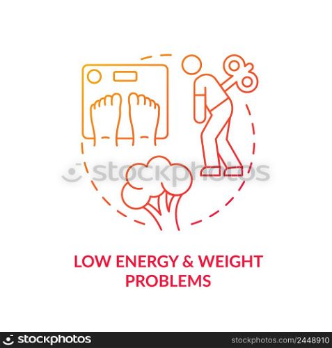 Low energy and weight problems red gradient concept icon. Plant based nutrition. Side effect abstract idea thin line illustration. Isolated outline drawing. Myriad Pro-Bold font used. Low energy and weight problems red gradient concept icon