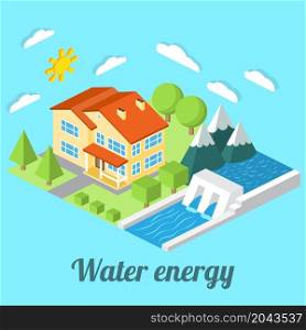 Low-energy house with Hydro power plant. For web design, mobile and application interface, also useful for infographics. Isometric Passive House concept. Vector illustration.