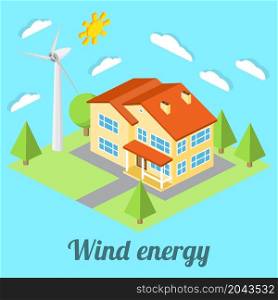 Low-energy house with wind turbine. For web design, mobile and application interface, also useful for infographics. Isometric Passive House concept. Vector illustration.