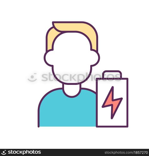 Low energy level RGB color icon. Drudgery and hard work lead to tiredness. Stress and anxiety. Spend money, time and energy. Isolated vector illustration. Simple filled line drawing. Low energy level RGB color icon