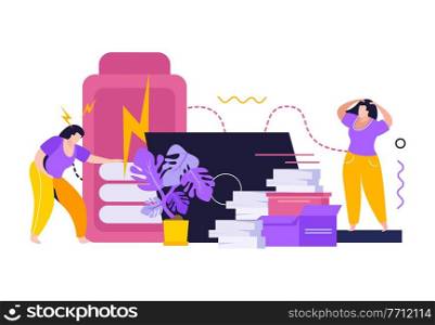 Low energy people flat background with tired women figurines delivery boxes laptop and smartphone icons vector illustration. Low Energy People Flat Background