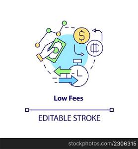 Low fees concept icon. Crypto-currency competitive benefit abstract idea thin line illustration. Affordable sum. Isolated outline drawing. Editable stroke. Arial, Myriad Pro-Bold fonts used. Low fees concept icon
