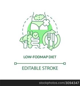 Low FODMAP diet green concept icon. Carbohydrates restricted. Trendy diets abstract idea thin line illustration. Isolated outline drawing. Editable stroke. Arial, Myriad Pro-Bold fonts used. Low FODMAP diet green concept icon