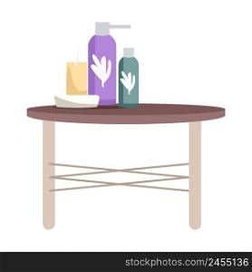 Low height table with cosmetic bottles semi flat color vector object. Plastic sh&oo dispensers. Full sized item on white. Simple cartoon style illustration for web graphic design and animation. Low height table with cosmetic bottles semi flat color vector object