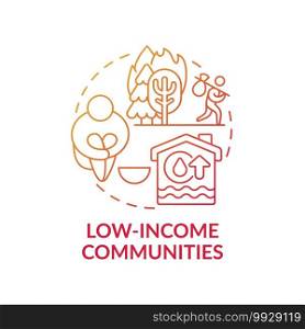 Low-income communities concept icon. Climate justice idea thin line illustration. Poor mental health outcomes. Environmental resposibility. Vector isolated outline RGB color drawing. Low-income communities concept icon