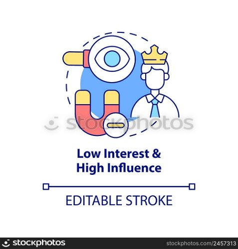 Low interest and high influence concept icon. Stakeholder mapping abstract idea thin line illustration. Isolated outline drawing. Editable stroke. Arial, Myriad Pro-Bold fonts used. Low interest and high influence concept icon