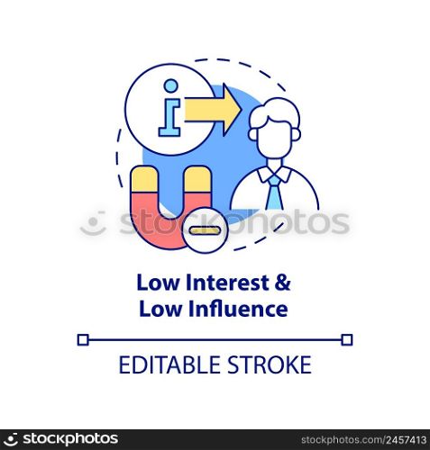 Low interest and low influence concept icon. Visual analysis. Stakeholder mapping abstract idea thin line illustration. Isolated outline drawing. Editable stroke. Arial, Myriad Pro-Bold fonts used. Low interest and low influence concept icon