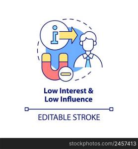 Low interest and low influence concept icon. Visual analysis. Stakeholder mapping abstract idea thin line illustration. Isolated outline drawing. Editable stroke. Arial, Myriad Pro-Bold fonts used. Low interest and low influence concept icon