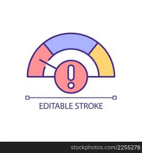 Low level warning RGB color icon. Scale with colored sector and exclamation mark. Measure tool. Isolated vector illustration. Simple filled line drawing. Editable stroke. Arial font used. Low level warning RGB color icon