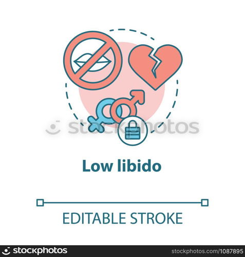 Low libido concept icon. Treason. Lack of physical contact. Slowing down sex life. Fear of intimacy after failure idea thin line illustration. Vector isolated outline drawing. Editable stroke