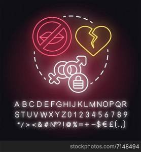 Low libido neon light concept icon. Lack of physical contact. Slowing down sex life. Fear of intimacy after failure idea. Glowing sign with alphabet, numbers and symbols. Vector isolated illustration