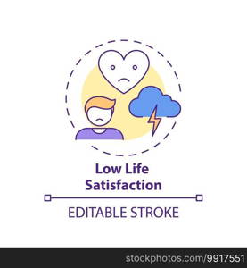 Low life satisfaction concept icon. Procrastination effect idea thin line illustration. Depression symptoms. Long-lasting sadness, fatigue. Vector isolated outline RGB color drawing. Editable stroke. Low life satisfaction concept icon