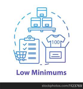 Low minimums concept icon. Risk management. E commerce. Shipping service. Logistics. Purchase and delivery of goods idea thin line illustration. Vector isolated outline drawing