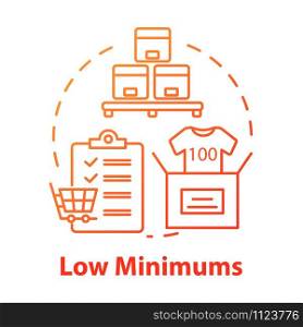 Low minimums concept icon. Risk management. E commerce. Shipping service. Logistics. Purchase and delivery of goods idea thin line illustration. Vector isolated outline drawing
