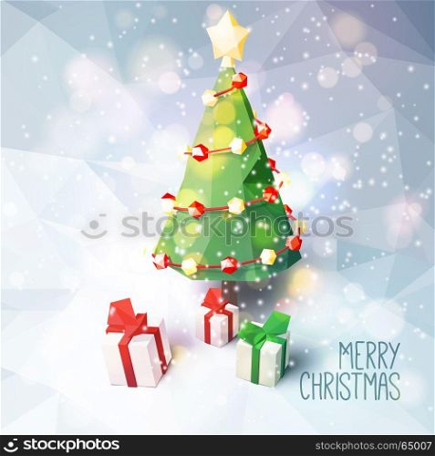 Low poly Christmas scene with Christmas tree and gifts - Christmas Greeting Card