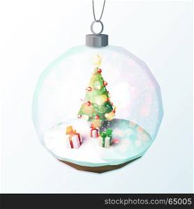 Low poly Christmas scene with Christmas tree and gifts inside a glass ornament - Christmas Greeting Card