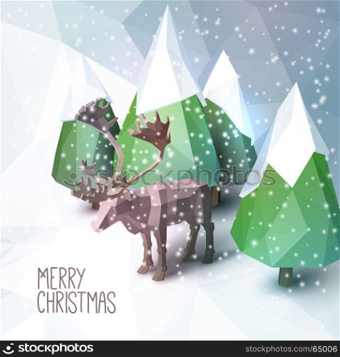 Low poly Christmas scene with reindeer and pines - Christmas Greeting Card